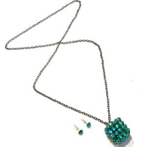 Cube Necklace Teal Antique Silver Tone